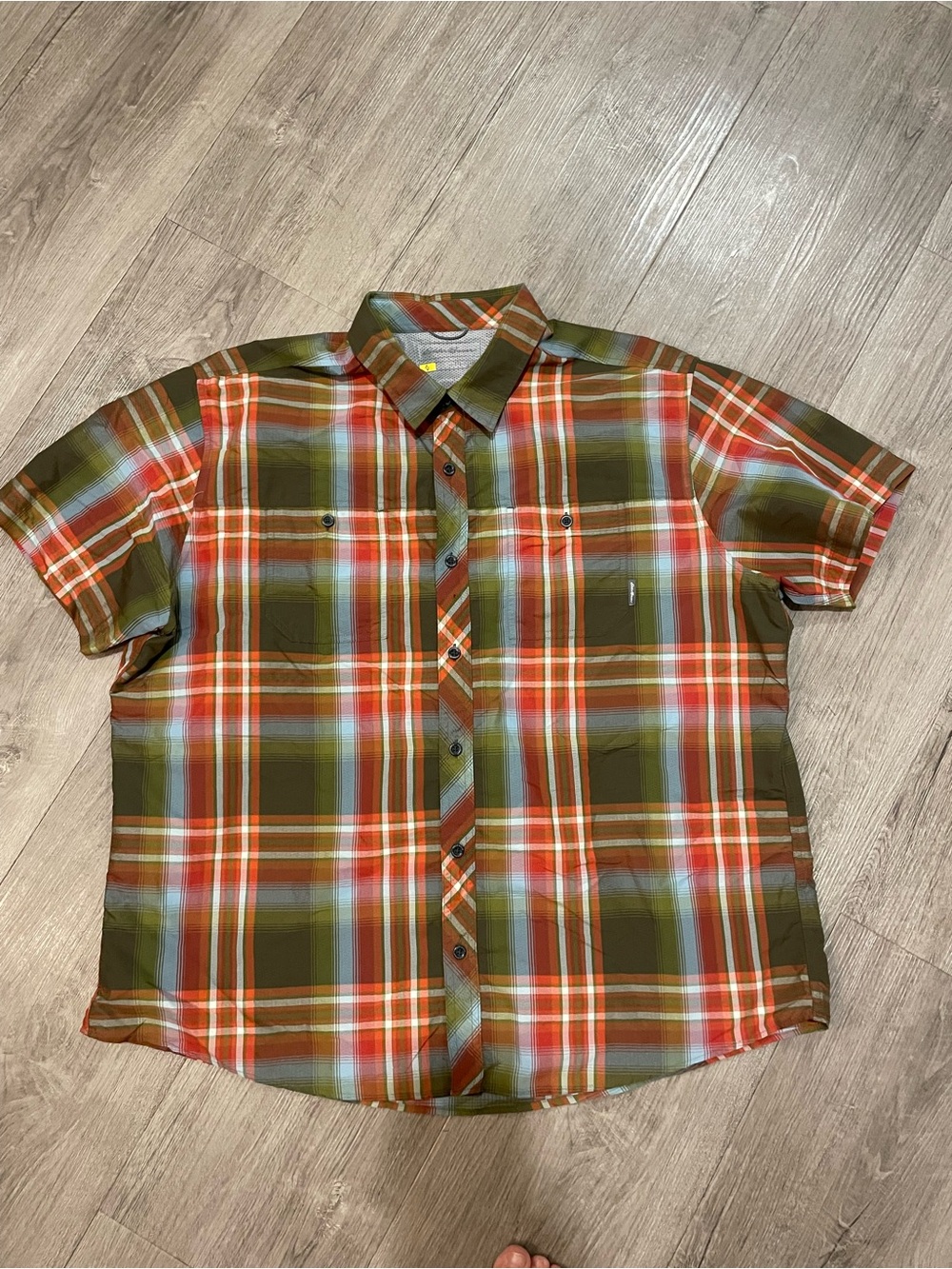 Eddie Bauer Green, Blue & Orange Plaid Short-Sleeve Button-Down Hiking Shirt